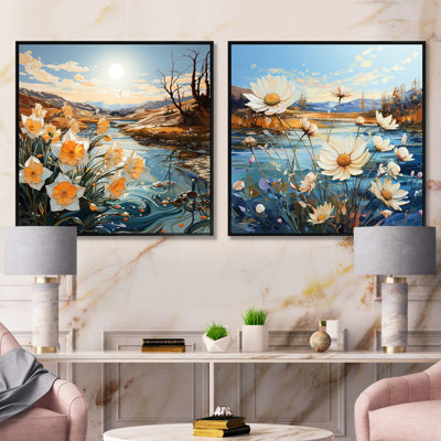 Daisy and Daffodils Tranquility Floral Field - Ensemble de 2 collages carrés