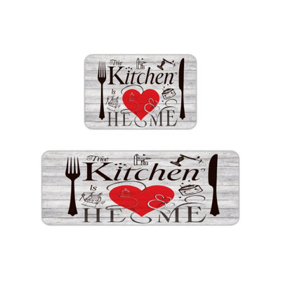 Tapis de cuisine à motif d'ustensiles de cuisine pour salle à manger, gris et rouge
