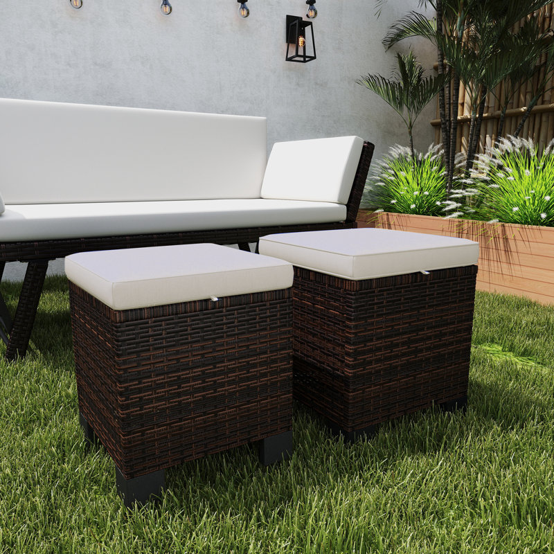 Wicker Outdoor Ottoman Set of 2, Outdoor Footstools for Patio with Removable Cushions, 3-in-1 PE Rattan Ottoman Seat, Footrest and Side Table for Backyard, Poolside