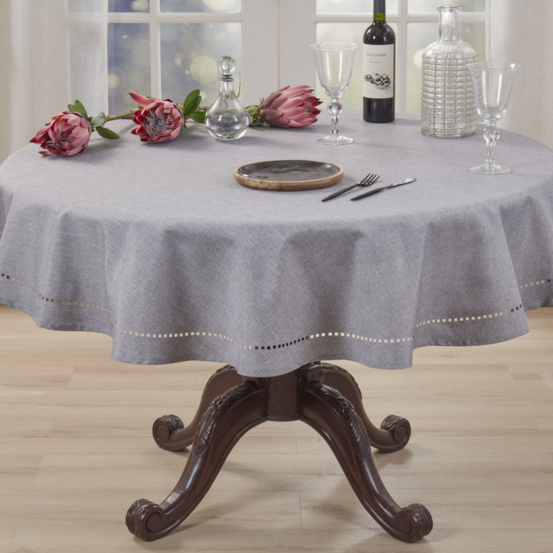 Laser-Cut Hemstitch Tablecloth 60" Round - Grey Soft Textured Elegant Table Cover, Gray