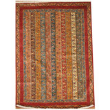 Tapis rayé rouge / or / rouille en laine noué à la main 5 pi 9 po x 8 pi