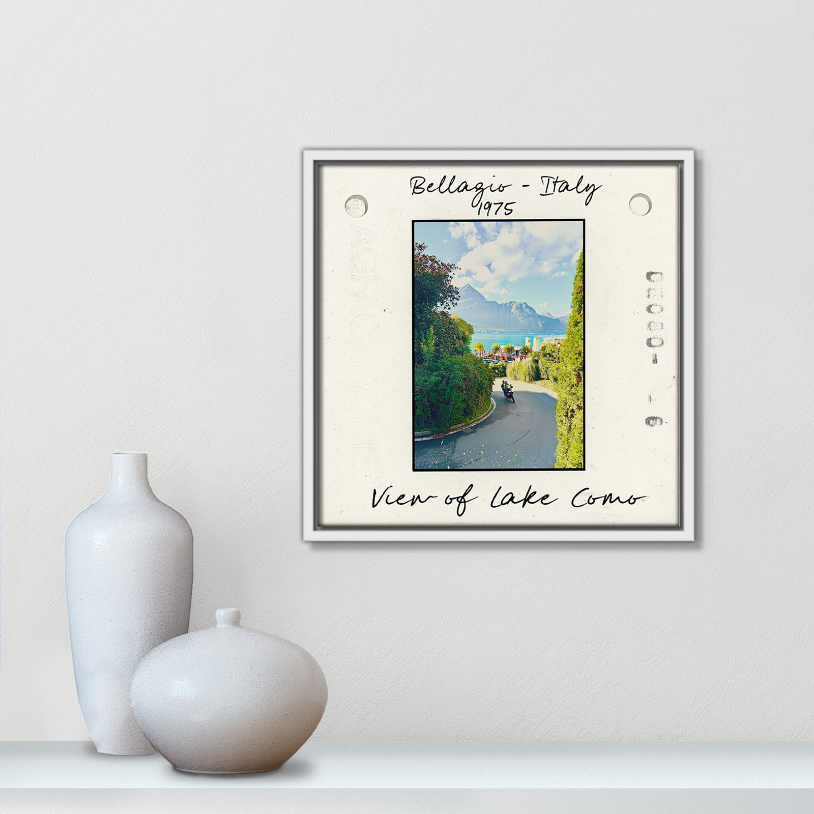 Travel Slide Collection "Bellagio, Italy - Lake Como" Print, White Floater Framed Canvas, 13.5" H x 13.5" W x 2" D