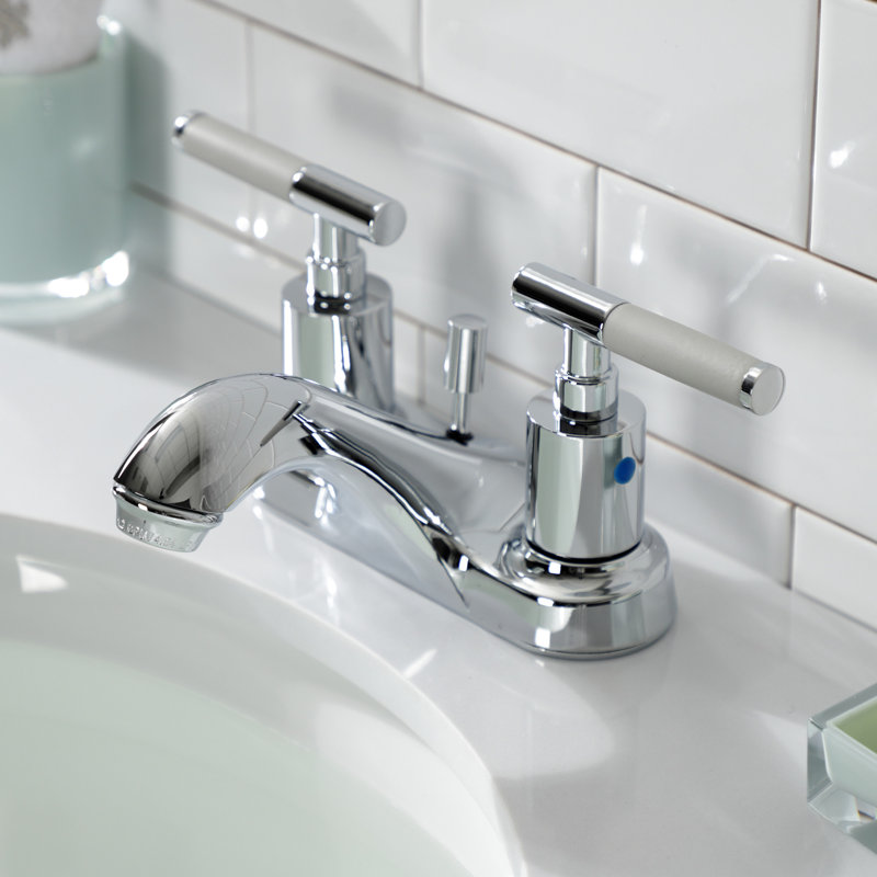 Kingston Brass Kaiser Two-Handle 3-Hole Deck Mount 4" Centerset Bathroom Faucet with Plastic Pop-Up, Polished Chrome