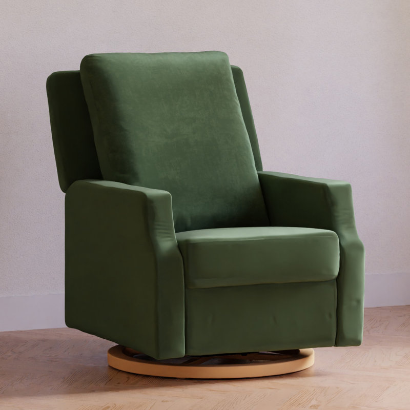 Forest Green Velvet Swivel Recliner with Light Wood Base