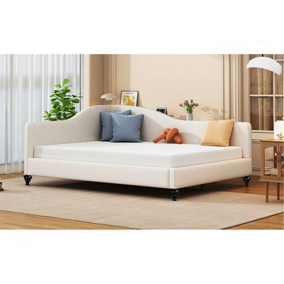 Full Size L-Shaped Linen Daybed, With Solid Wood Legs, Beige