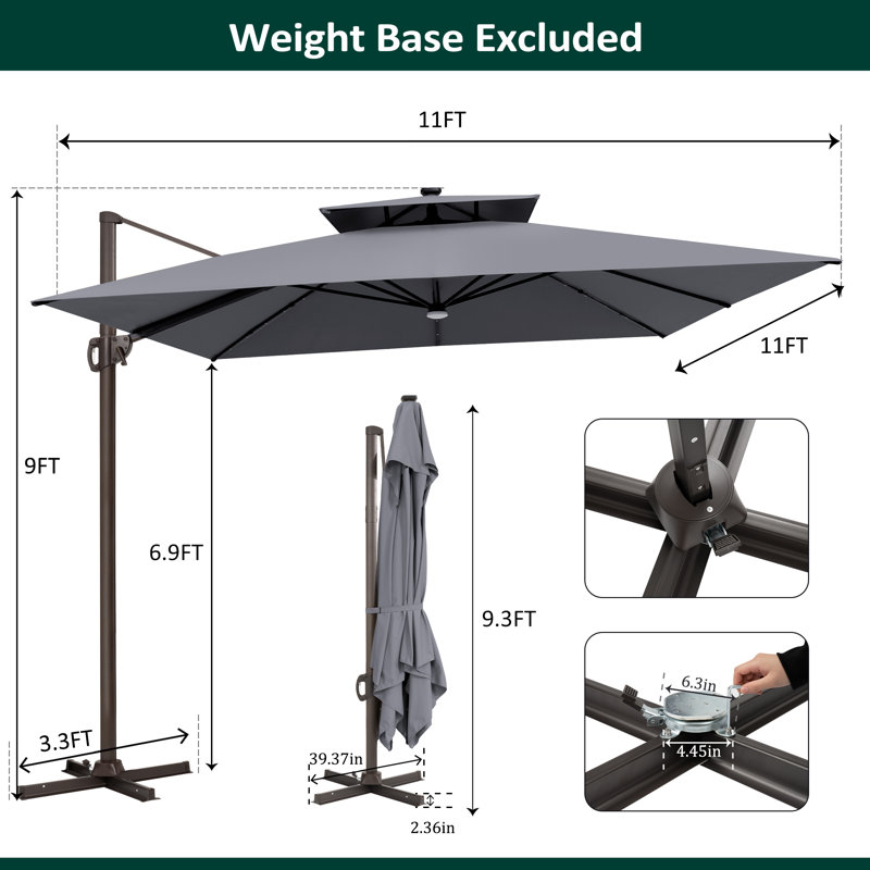 129'' X 129'' Square Outdoor Solar Led Cantilever Patio Umbrella without Weighted Base, Dark Grey