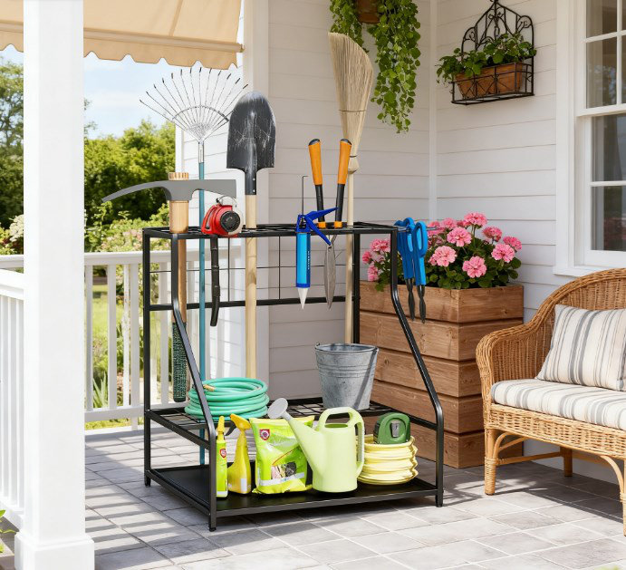 Organisateur de jardin, support de rangement pour outils de jardin à 3 niveaux, avec crochets pour manche long, balai, pelle