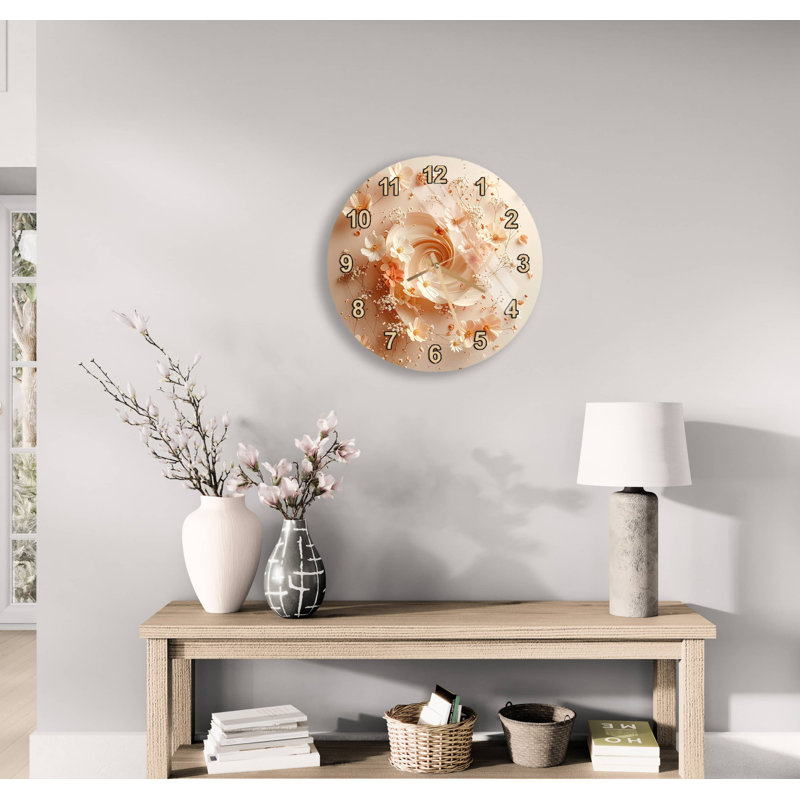 Horloge murale Floral, 14 pouces, Blanc, romain