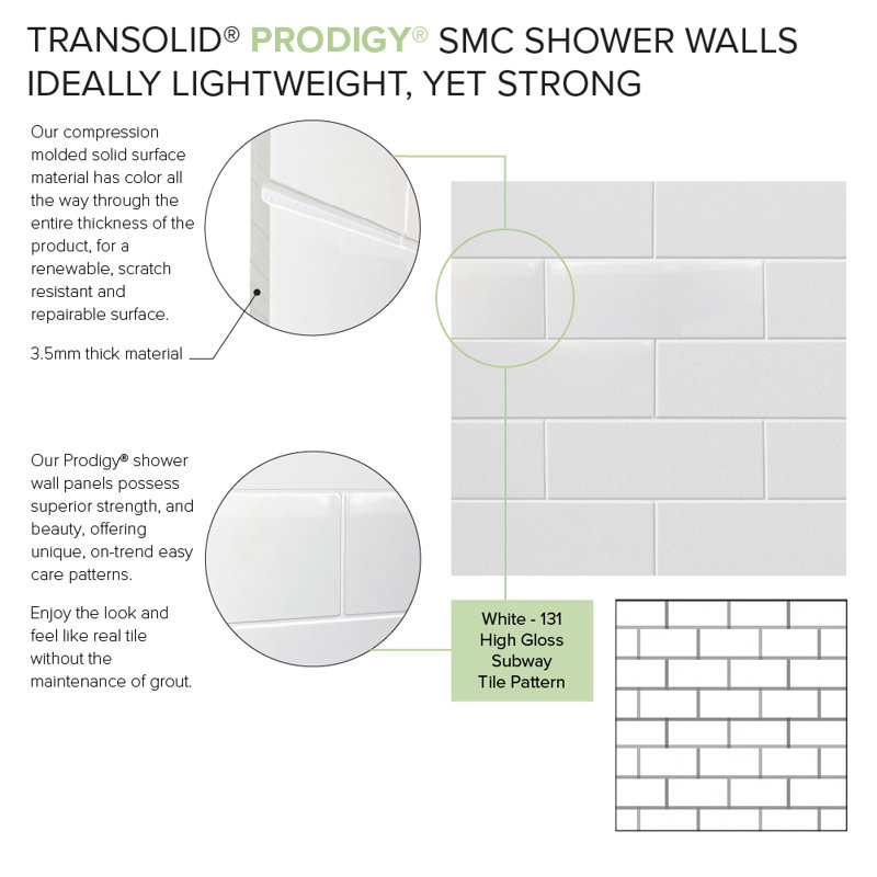 Prodigy PWK603696-131 Ensemble de 3 carreaux de douche à coller au mur, 60 po x 36 po x 96 po, recoupables, motif métro 3 po x 8 po, blanc