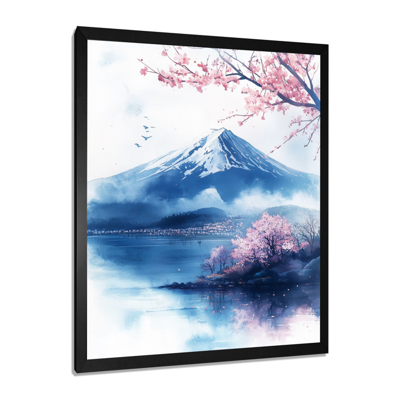 Fuji bleu sous les fleurs III - Tableau encadré de paysage naturel, H 32 po x l 16 po, Black Picture Framed
