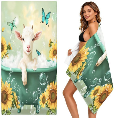 Whimsical White Goat Microfiber Beach Towel, Soft Polyester Bath Towel with White Plush Backing, Pool Towel for Travel Picnic Outdoor Swimming Bathroom Use, 36 x 72 in