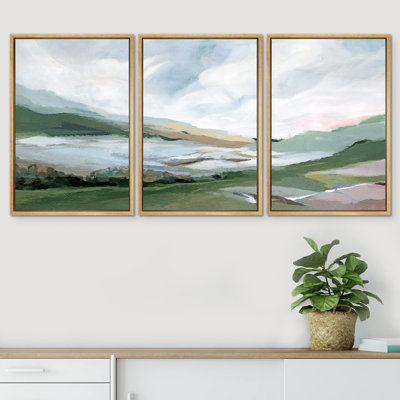 " Pastel Watercolor Cloud Sky Mountain Countryside Abstract Landscape Rustic Art Decor Scenic Bedroom " 3 - Pieces