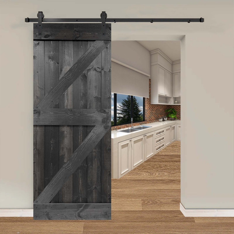Porte de grange coulissante en bois de pin avec trousse de quincaillerie d'installation, Gris carbone, 38 po x 84 po