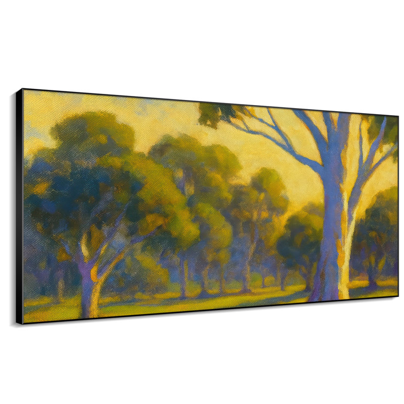Très grande reproduction d'art sur toile - Paysage de forêt ensoleillée jaune et vert forêt, œuvre d'art pour le salon ou la chambre à coucher - «Assemblage requis du cadre (cadre non fini)»