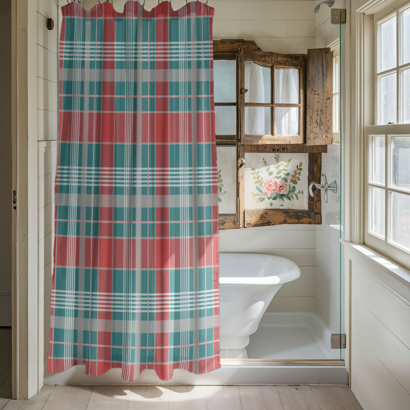 Rideau de douche Pink Holiday Tartan, H 74 po x l 71 po