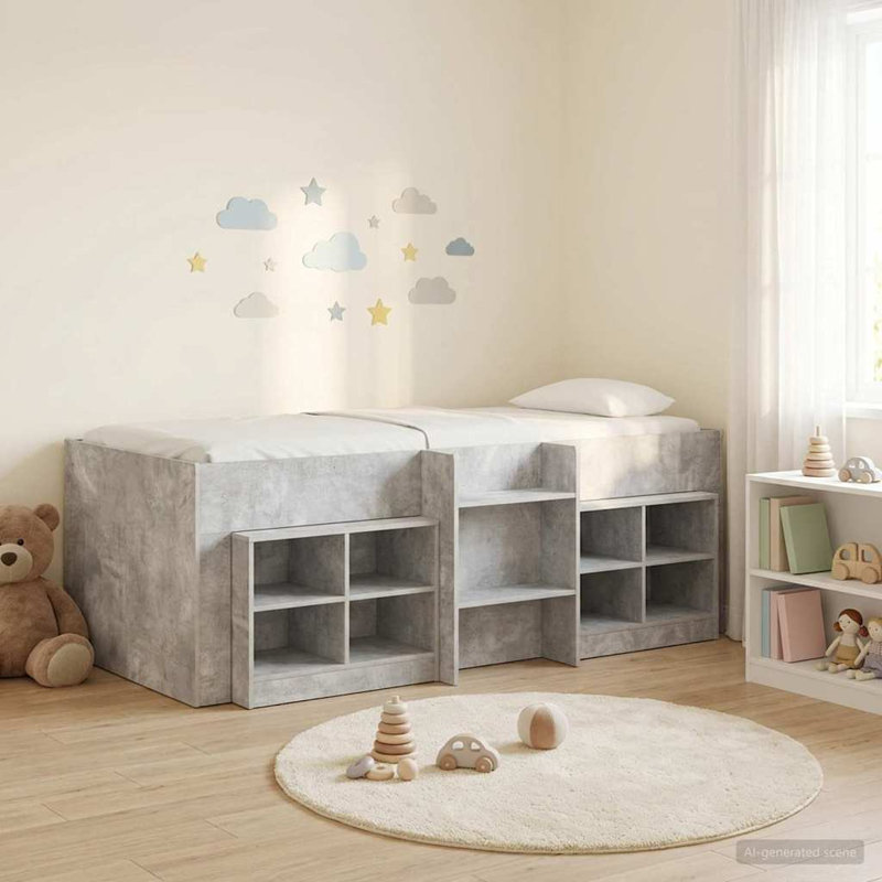  Loft Bed Frame with Cabinet with Storage Engineered Wood Space-Saving, Concrete Grey, 100 x 200 cm