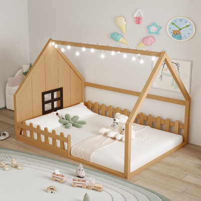 Full Size Wood House Bed with Window and Fence