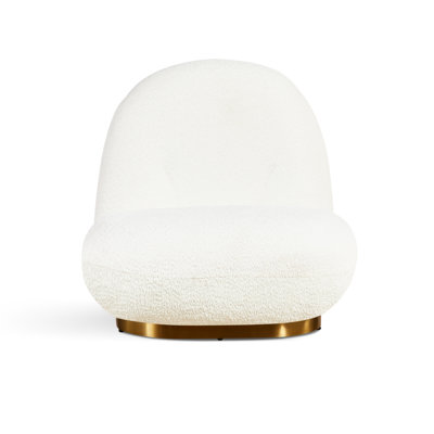 Fauteuil blanc à base dorée avec pivot à 360° en métal, boucle élégante et design ergonomique pour les espaces de vie. Siège confortable et structure en mousse haute densité.