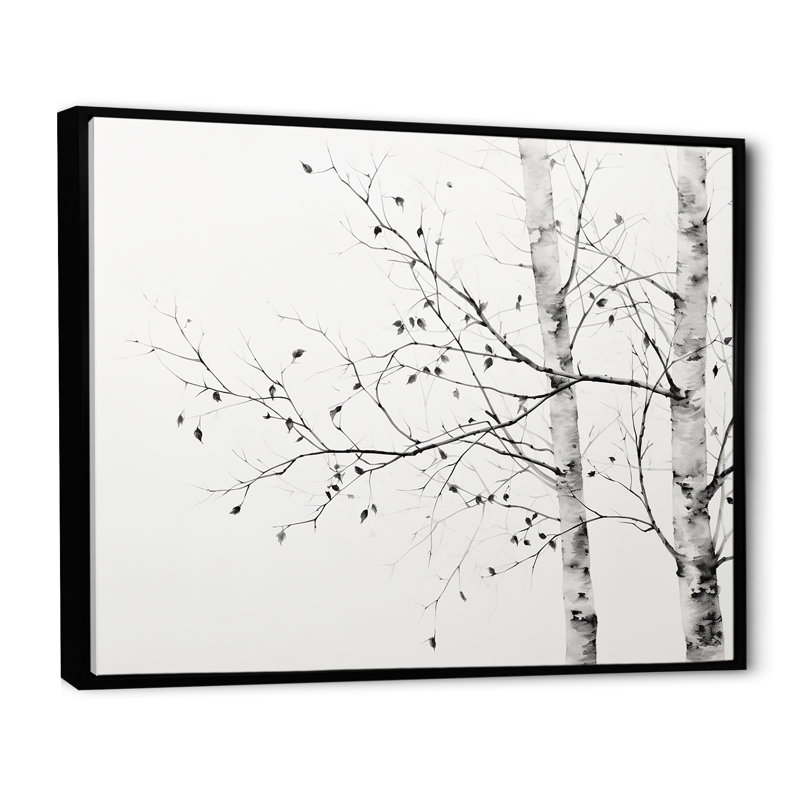 Arbre gris minimalisme bouleau II sur toile, Cadre flottant noir, H 24 po x l 32 po x P 1 po