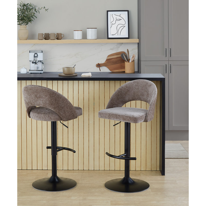 Tabouret de bar réglable Resme avec repose-pieds en T arrondi (ensemble de 2), Noir, Brun / tissu