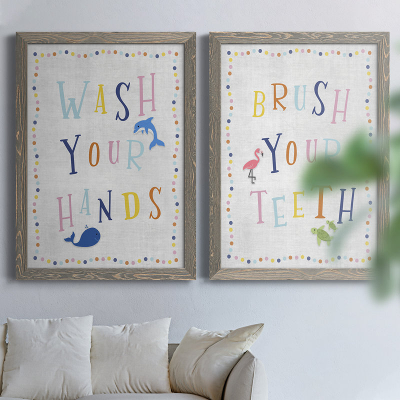 «Wash Your Hands», ensemble de 2 reproductions d'art sur toile encadrées, H 44 po x l 31 po x P 1 po, Encadré gris