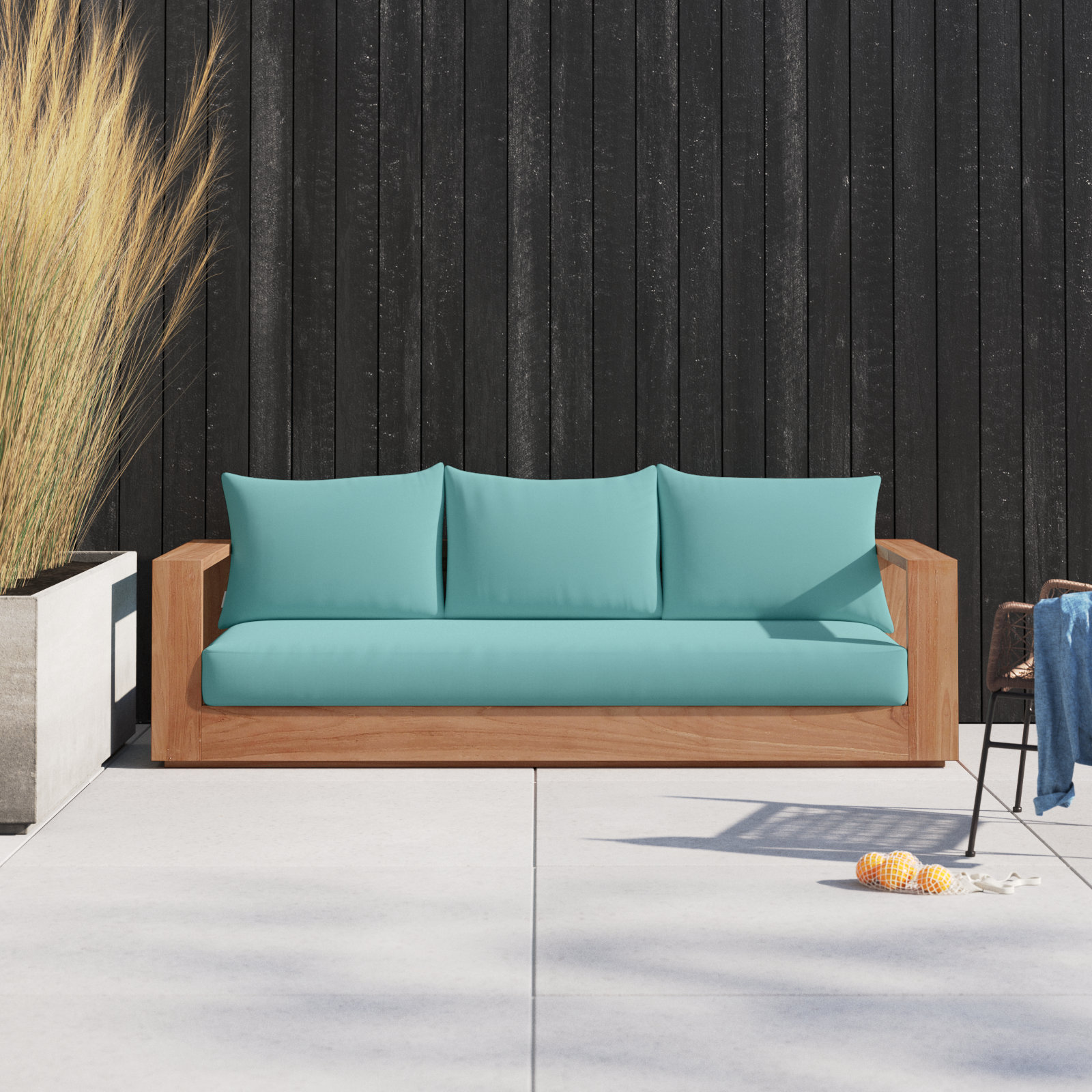 Tulum 87'' Wide Teak Patio Sofa with Cushions, Sea Blue