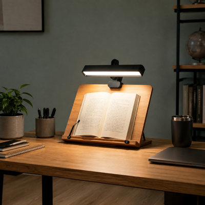 Conçue pour le télétravail, cette lampe à pince portable noire à piles, rechargeable par DEL (6000 mAh), se fixe sur un lit ou un bureau et offre un réglage à 360 degrés, 3 modes de couleur et une gradation progressive.