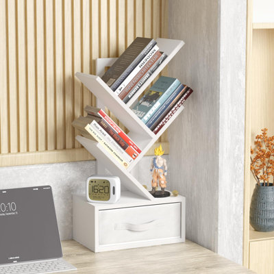 Tree Bookshelf with Drawer, 4-Tier Engineered Wood Bookcase, Space-Saving Storage Shelf for Bedroom, Living Room, and Home Office