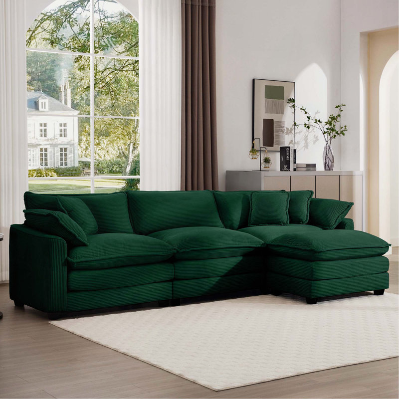 Canapé en L avec repose-pieds à 3 places avec repose-pieds et repose-pieds Corduroy pour petits salons, Vert