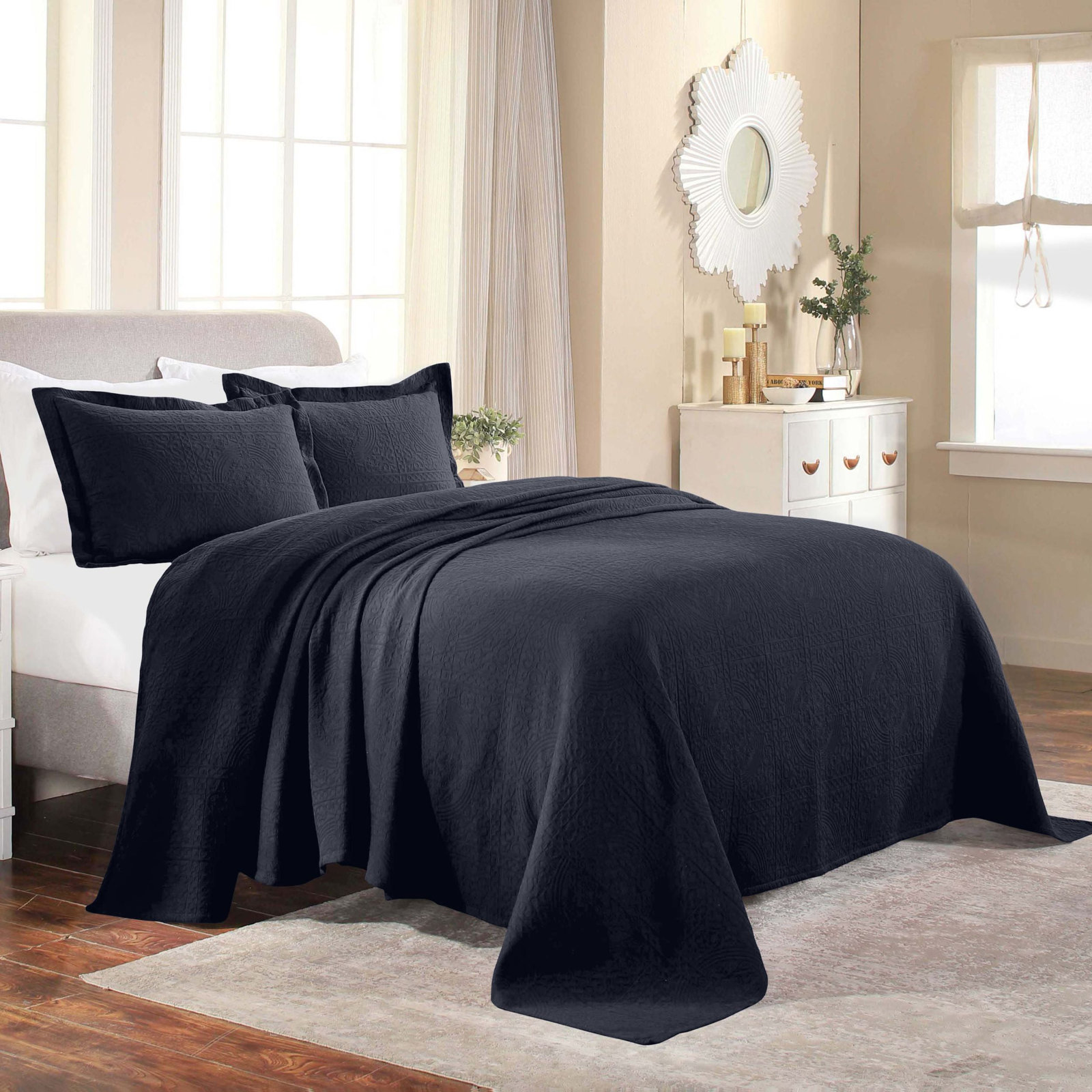 Swanton Cotton Coverlet Set, King Coverlet + 2 Shams, Navy Blue