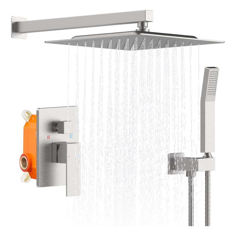 12 Inch Rainfall Shower Head and Handheld Shower Faucet Combo Set - Wall Mounted Shower System with Brass Valve, Brushed Nickel Finish