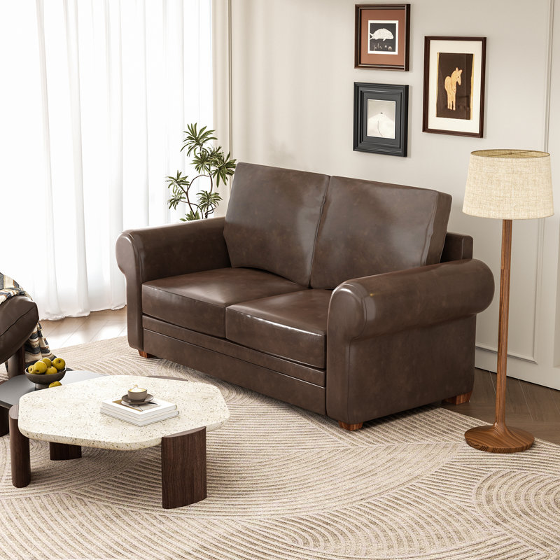 Brown Genuine Leather Sofa - Solid Rubberwood Frame, No Assembly Required, Medium-firm Certified Foam