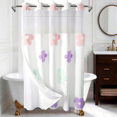 No Hook Tufted Floral Shower Curtain with Snap-In Liner