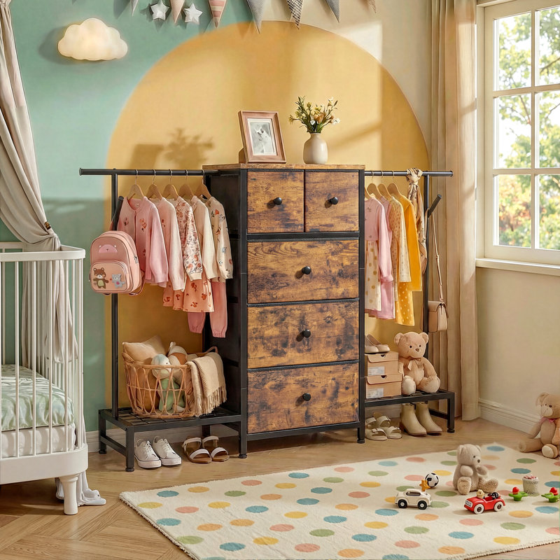 Commode multifonctionnelle à 5 tiroirs avec deux tringles suspendues et tablettes pour petits espaces, organisateur de chambre à coucher et de vestibule