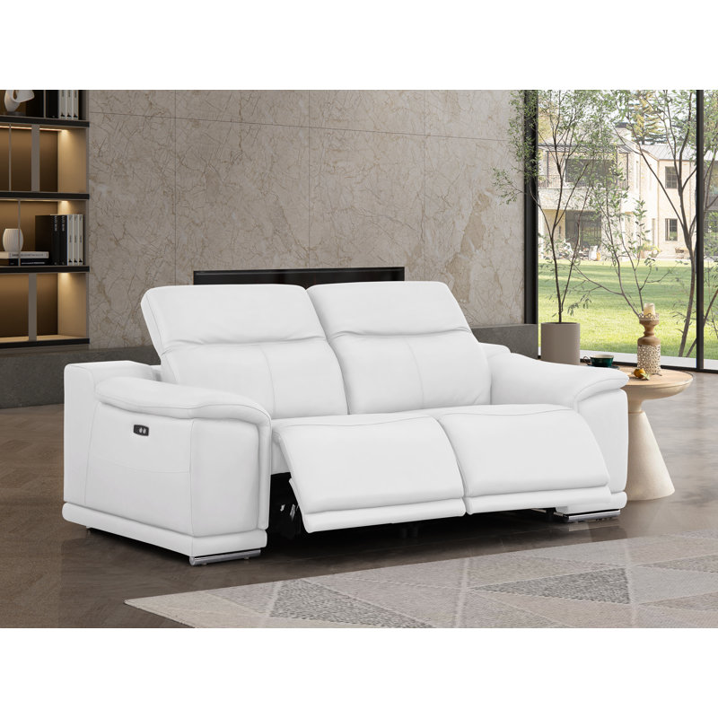 Genuine Leather Loveseat With Dual Power Recliners, White