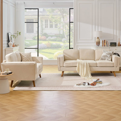 Mid-Century Modern 2-Piece Living Room Sofa Set, Includes 3-Seater Couch & Loveseat, Tapered Wood Legs