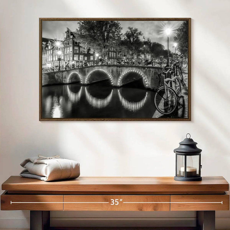 Vue moderne Amsterdam, 25 po x 17 po, Cadre flottant noyer
