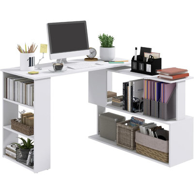 Bureau en coin en L pivotant à 360 ° en blanc - Poste de travail avec tablettes de rangement et table d'écriture