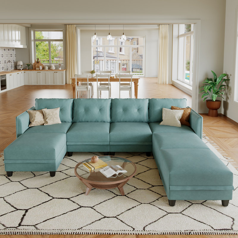 Canapé modulaire en U avec repose-pieds 7 pièces Zendajas, Similicuir bleu sarcelle