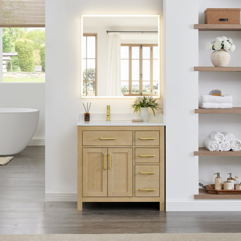 Beckett 36" Freestanding Single Bathroom Vanity with Cultured Marble Top, Carrara Cultured Marble, Brushed Gold, Dark Walnut