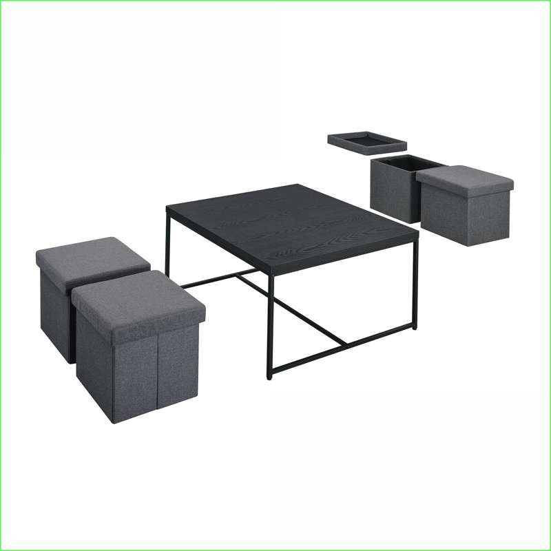 Ensemble de tables basses 35 po à grain de bois noir avec 4 tabourets de rangement - Solution de rangement de salon peu encombrante