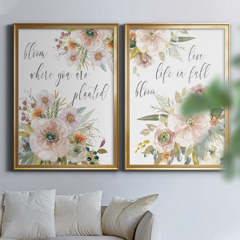 «Peach Bloom I», ensemble de 2 impressions, Pas de tapis, H 22,5 po x l 61 po x P 1,5 po, Toile encadrée dorée