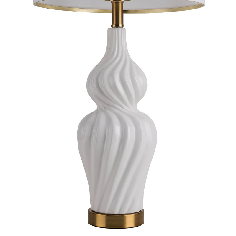 Set of 2 White Ceramic Bedside Lamps with Linen Drum Shades