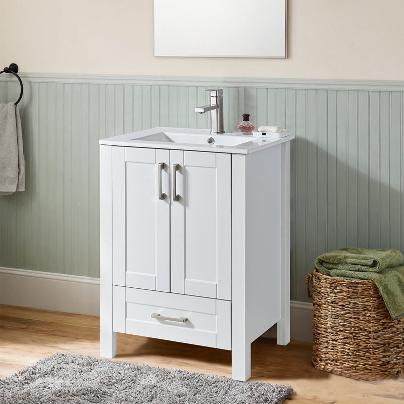 24" Modern Free-Standing Single Bathroom Vanity With Ceramic Top, White