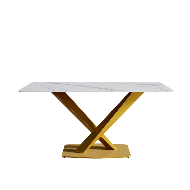Sintered Stone Dining Table, 29.53” H x 63" W x 35.4" D, Gold, White