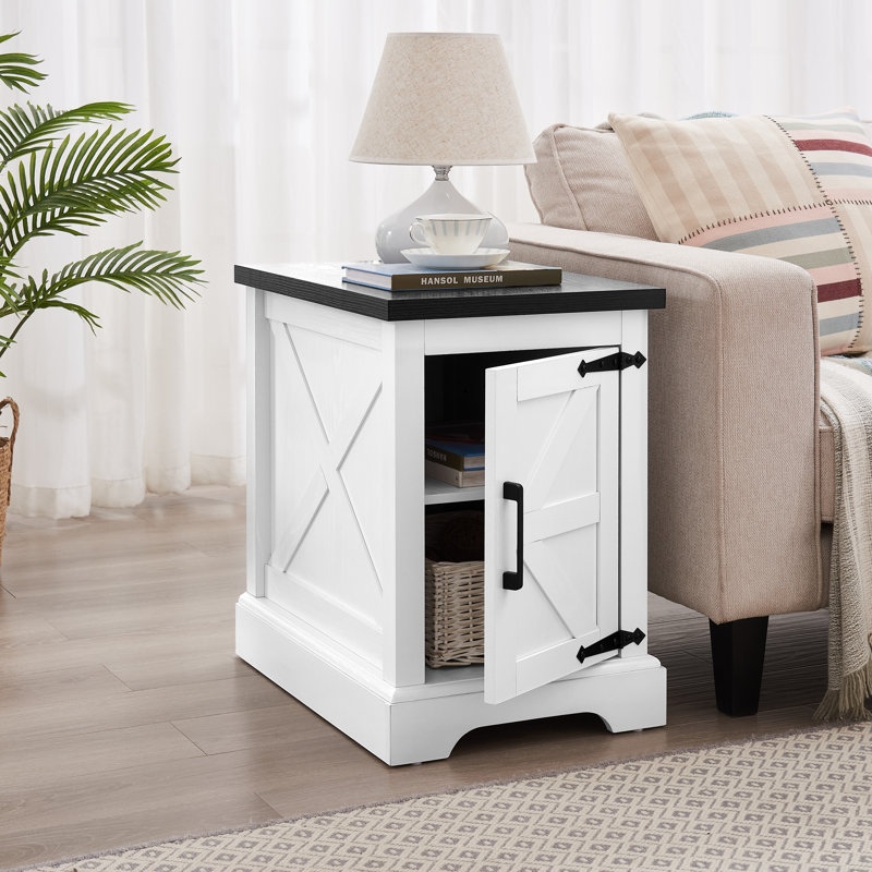 24" Farmhouse Barn Door End Table, Rustic Rectangular Sofa Side Table with Adjustable Storage Shelf, Modern Nightstand for Living Room, Bedroom, White