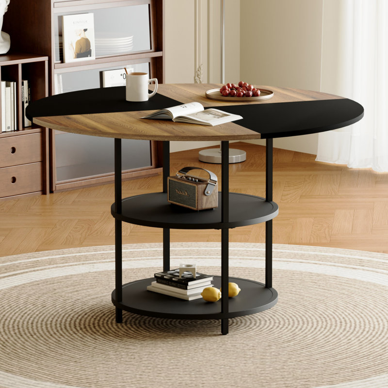 Table de salle à manger circulaire de 47,3 pouces de diamètre avec épissure moderne - rangement double couche, couleur diagonale en bois et noire en forme d'éventail, interprétant l'esthétique et la fonctionnalité de la maison.