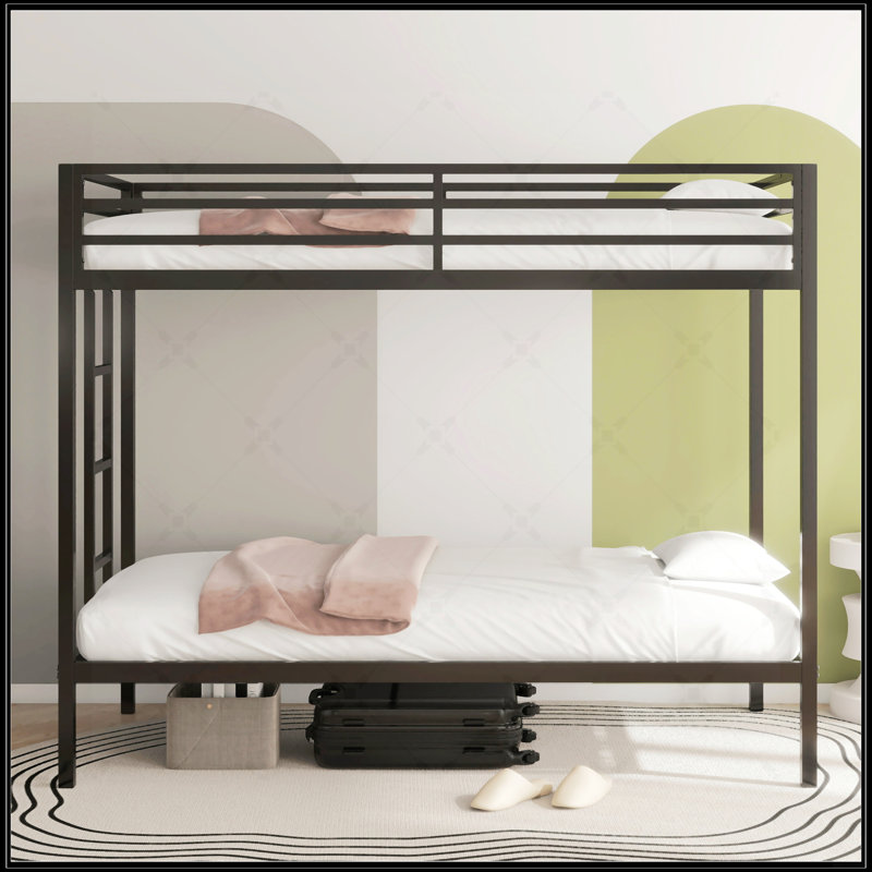 Adam Sturdy Twin Over Twin Bunk Bed, Metal Frame With Ladder And Guardrails, Ideal For Kids And Adults, Space-Saving Design