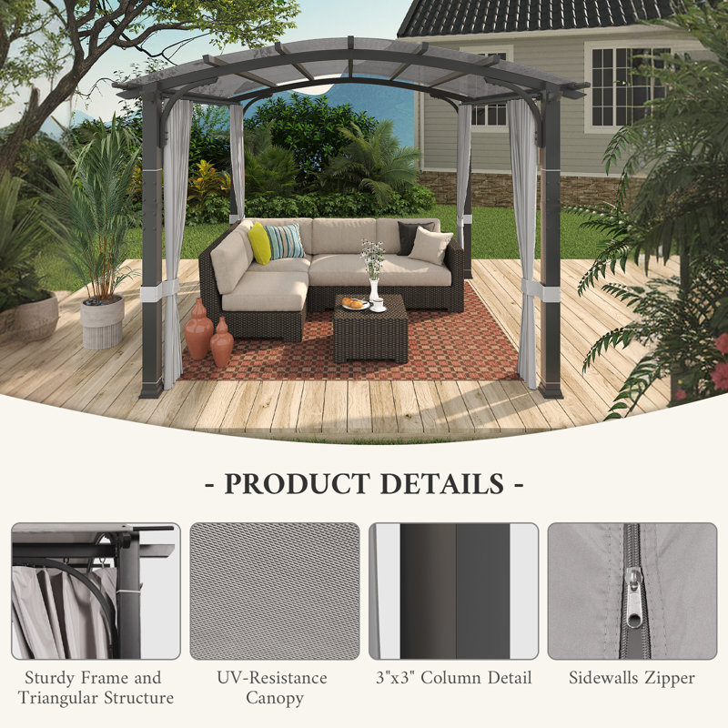 Pergola arquée 10 pi x 10 pi avec auvent et rideaux d'intimité - Structure en acier robuste pour patio et cour arrière - gris