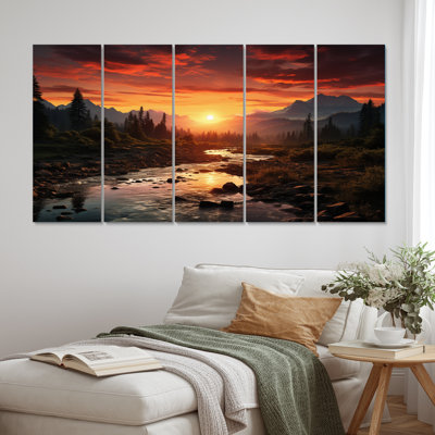 «Sunrise Morning At The River», reproduction d'art sur toile - 5 panneaux égaux